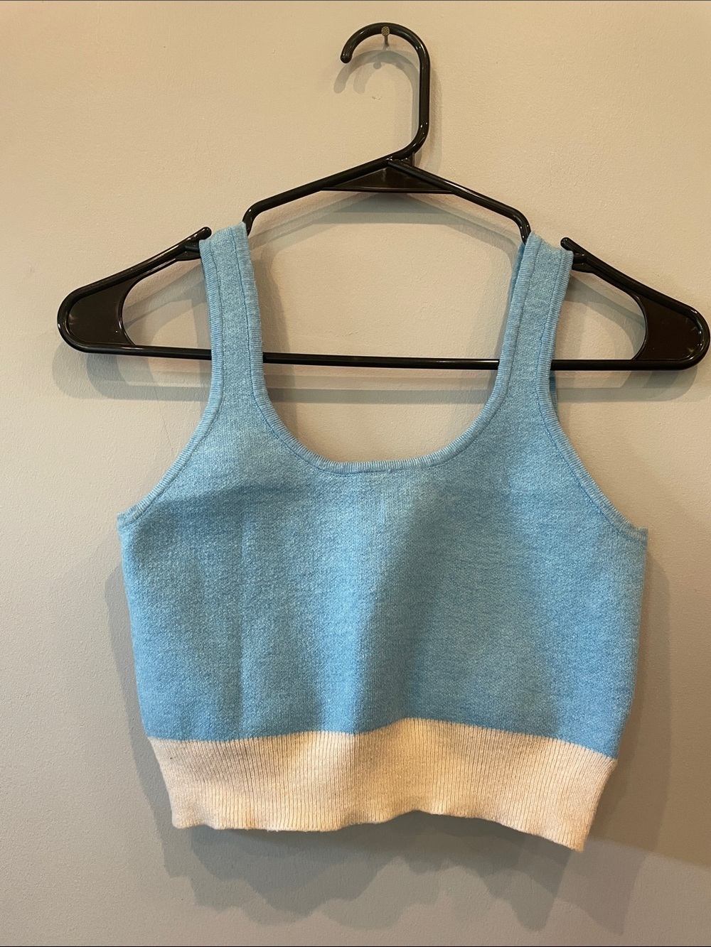 Kendall & Kylie Light Blue Cropped Knit Tank with Cream Hem